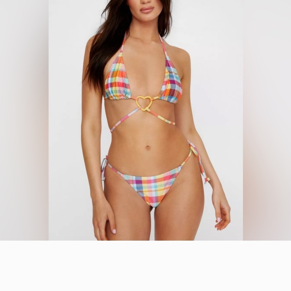 Nasty Gal Multicolor Plaid Bikini with Heart Detail